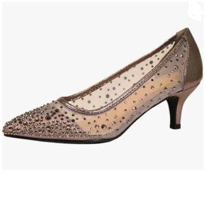 XYD Brown Pointed Toe Slip On Mesh Pumps Rhinestone Studs Comfy Kitten Heel Shoe